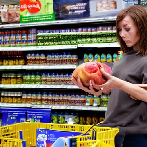 Image similar to mid shot of an alien buying groceries at the store shot by amanda carlson and alex strelkovv, professional photo, masterpiece, very detailed, hyper - realistic, cinematic, 4 k