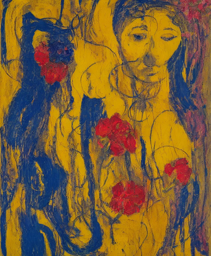 Prompt: portrait of a single lonely priestess with flowers in her hair and a candle in her hand, yellow and blue ribbons, expressive abstractionism, many small saturated hard relief strokes of oil on canvas with high detail