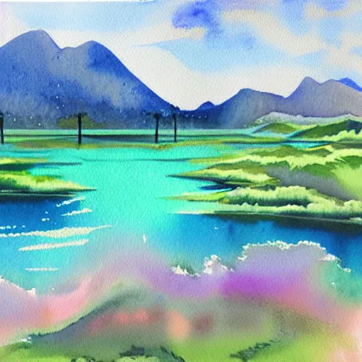 Prompt: Watercolor painting of a vaporwave lake, vaporwave