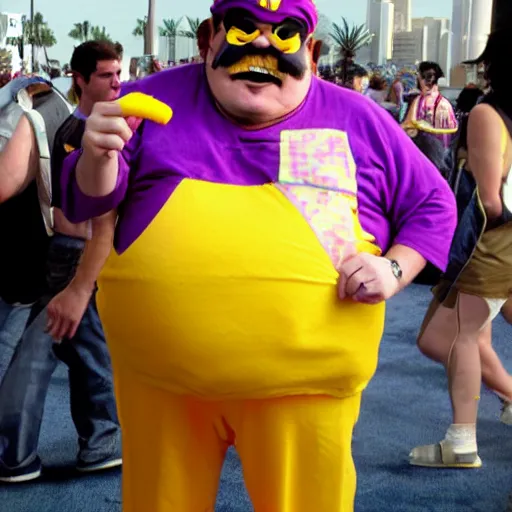 Prompt: Full-Cosplay Wario, played by George Wendt, 2011 Comic-Con, blog-photo