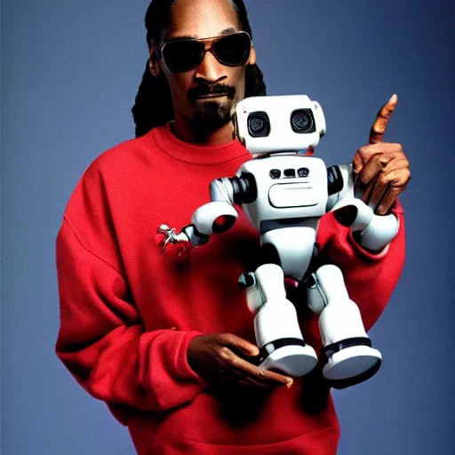 Prompt: Snoop Dogg holding a robot for a 1990s sitcom tv show, Studio Photograph, portrait, C 12.0