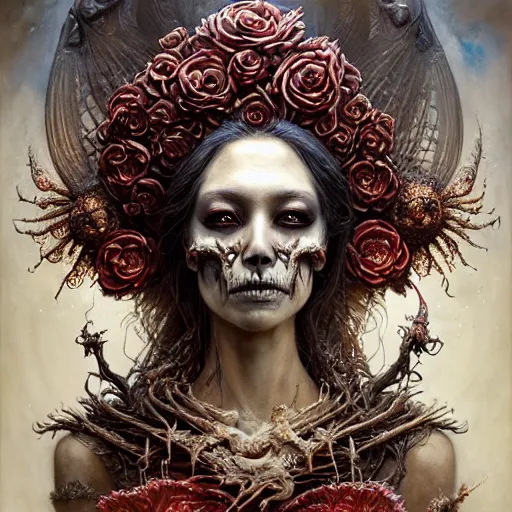 Prompt: a beautiful detailed 3d portrait of female empress of the dead, by ellen jewett, by tomasz alen kopera, by Justin Gerard, ominous, royally decorated, skull, skeleton, whirling smoke, embers, magical realism, texture, intricate, ornate, red adornements, red torn fabric, radiant colors, fantasy, volumetric lighting, high details