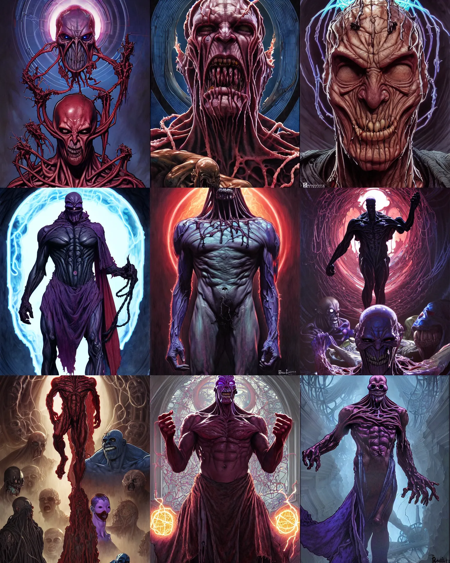 Prompt: the platonic ideal of concept art of cletus kasady ultimate carnage thanos dementor doctor manhattan chtulu nazgul, detailed, intricate, hyperrealism, intense, scary, decay, dmt, art by brock hofer and artgerm and greg rutkowski and alphonse mucha