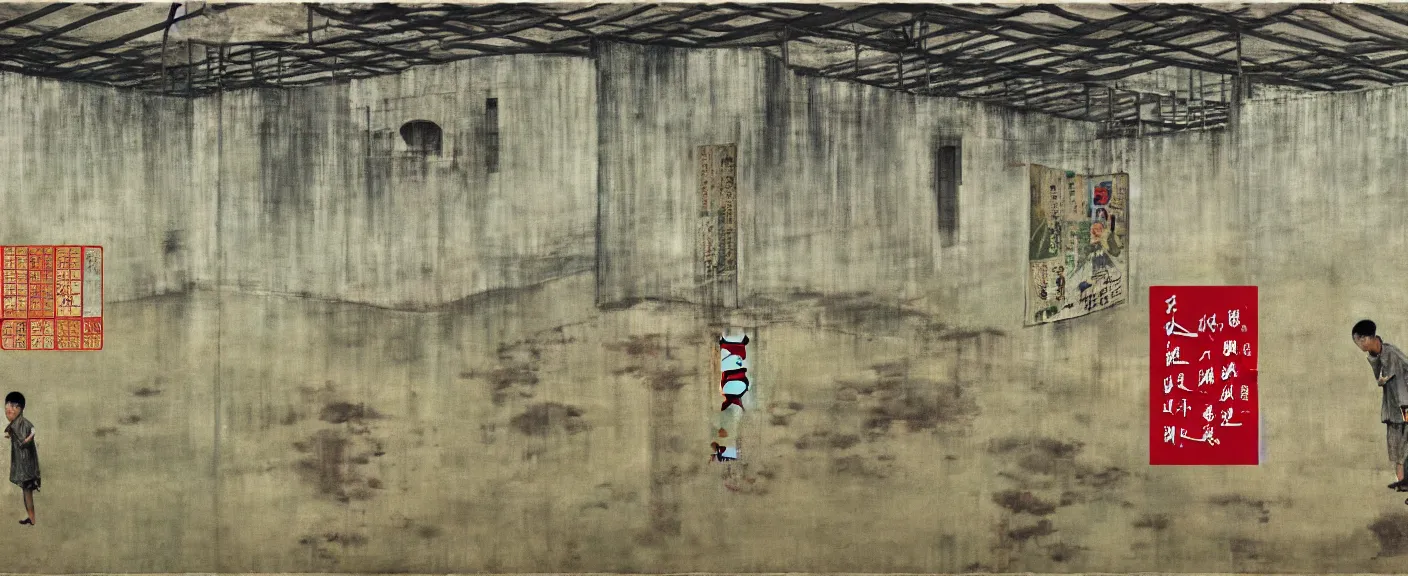 Image similar to a chinese prison near a river by peter doig, muted colors, overlaid with chinese adverts