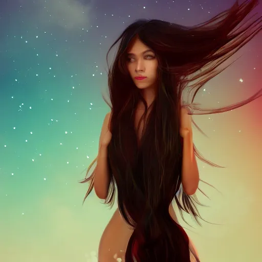 Prompt: a thin, pretty young Filipino woman with long hair floats in a dreamy world, full body view, very beautiful, inspiring, dramatic lighting, abstract digital art, trending on artstation