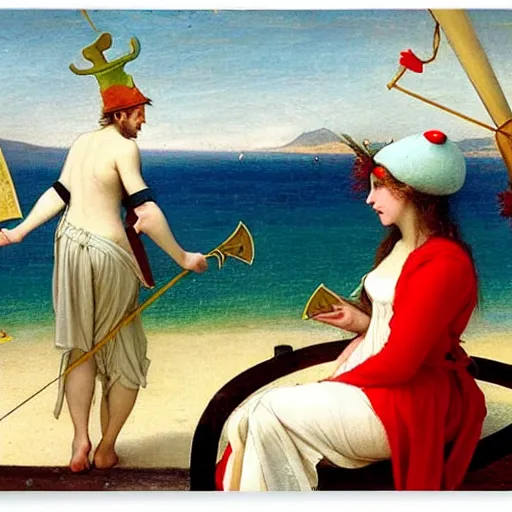 Prompt: A girl with jester hat and clothes on a greek archi circle on the front of a Balustrade with a beach and a sail boat on the background, major arcana cards, by paul delaroche, hyperrealistic 8k, very detailed