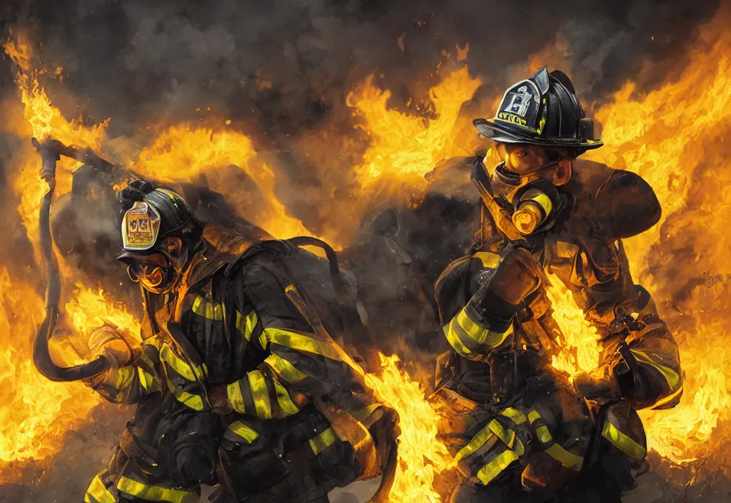 Image similar to one heroic firefighter in action in black and yellow uniform, fire flames, sharp details, sharp focus, realistic, highly detailed, illustration, by yerbol bulentayev and murat gul and pablo olivera and greg rutkowski