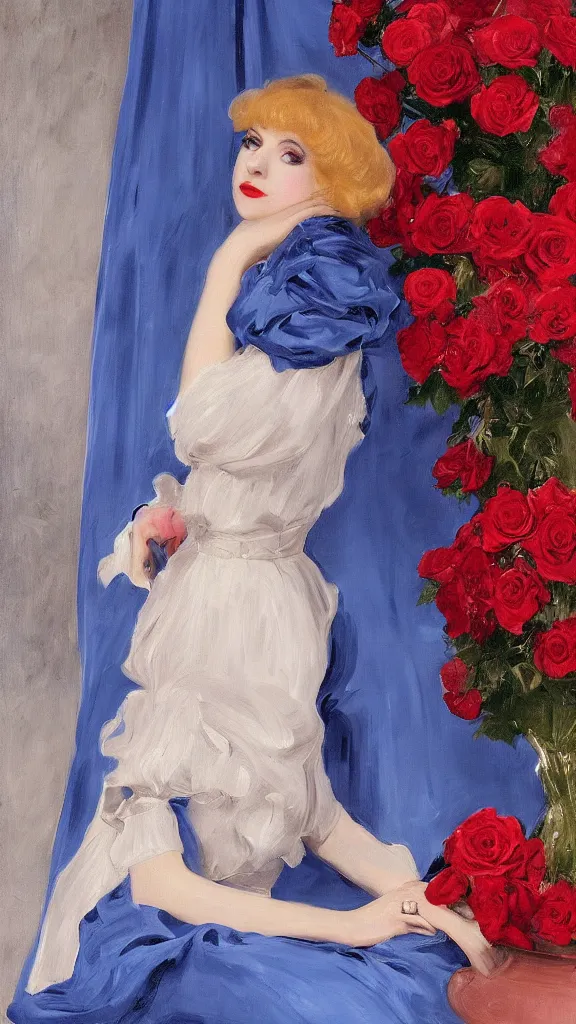 Image similar to portrait of young julee cruise in detailed golden sleeve balloon dress beside a pot of red roses, a persian blue detailed curtain in back painted by john singer sargent