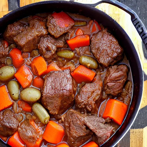 Prompt: photo realistic, pot of meat stew, large chunks of braised beef cheek meat shredded.