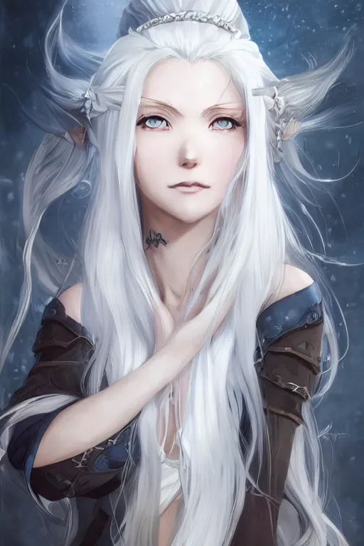 Image similar to an anime portrait of a white hair female viking, long wild hair, pale blue eyes, smirking, by WLOP, Stanley Artgerm Lau, Rossdraws, James Jean, Andrei Riabovitchev, Marc Simonetti, and Sakimichan, trending on pixiv, fully clothed, fully dressed