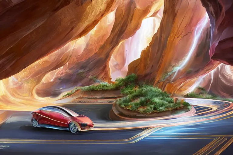 Prompt: futuristic tesla street with Singaporean lush onsen with royal white and pink and white and luxurious gold colors, advanced civilization, high-end onsen, at the Antelope canyon with rocks formed by water erosion, walls made of beautiful smooth sandstone light beams that shine, polish narrow slots of walls into a striated swirling finish, digital painting, concept art, smooth, sharp focus, from Star Trek 2021, illustration, by WLOP and Ruan Jia and Mandy Jurgens and William-Adolphe Bouguereau, Artgerm