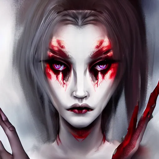 Image similar to Digital portrait of a beautiful half-elf half-vampire young woman. Half black half white hair. Red irises, vertical pupils. Award-winning digital art, trending on ArtStation