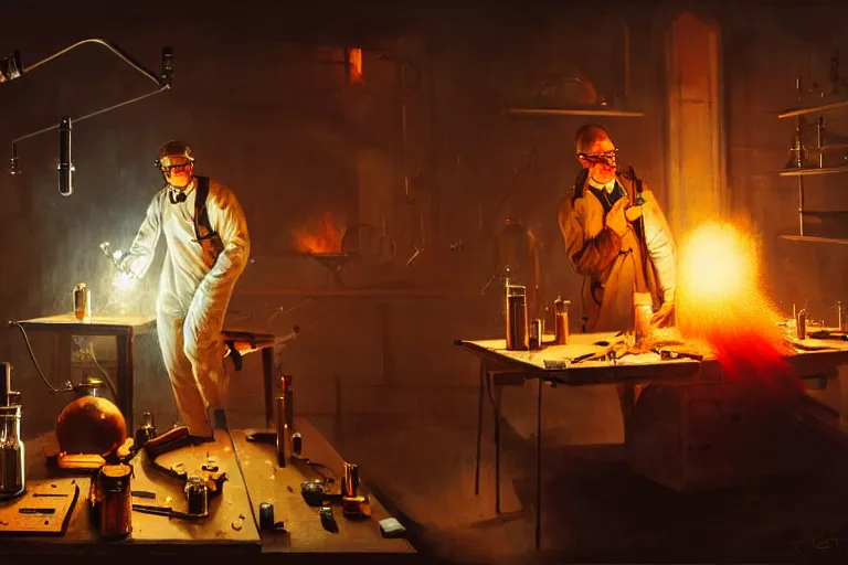 Image similar to scientist performing a explosive experiment by otto dix and greg rutkowski and andreas rocha, cinematic lighting, highly detailed, warm colours, 8 k