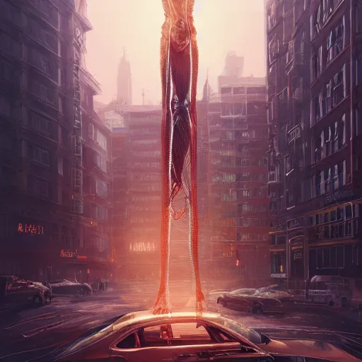 Prompt: detailed intricate digital illustration by greg rutkowski and artgerm and wlop and sanford robinson gifford ; anatomical human veins loom over city intersection ; 1 3 mm film, arri alfa anamorphic lens ; sharp focus ; golden hour, trending on artstation 8 k