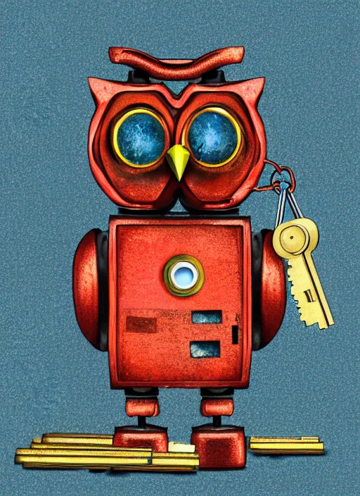 Image similar to colored pencil and pen drawing of an animatronic robot owl, bird made from rusty old keys and padlocks, space background, 8 k photorender realityengine