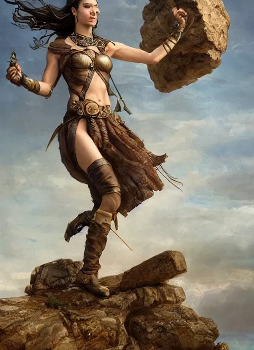 Image similar to highly detailed steampunk gal gadot standing on a boulder : leonardo da vinci, greg rutkowski, magali villeneuve