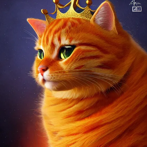 Image similar to colossal fluffy orange royal king tabby cat wearing a golden crown, golden hour, fantasy, vivid colors, sharp focus, digital art, hyper - realistic, 4 k, unreal engine, highly detailed, hd, dramatic lighting by brom, trending on artstation