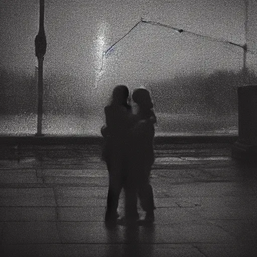 Prompt: A dark picture of two shadowy figures hugging each other, it is raining, 35mm, motion blur