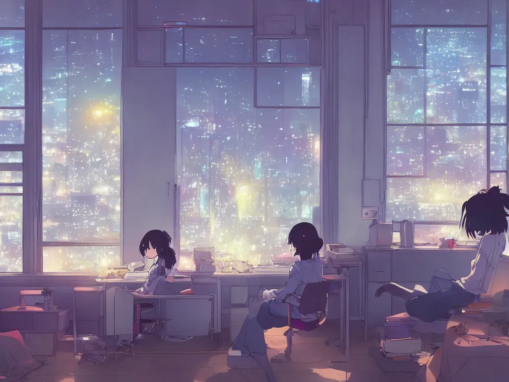 Image similar to beautiful illustration of one female in her small studio apartment sitting at her computer desk which is in front of a window which looks out to a futuristic city at night, japan, anime manga style, aesthetic, scene from the movie'your name'makoto shinkai