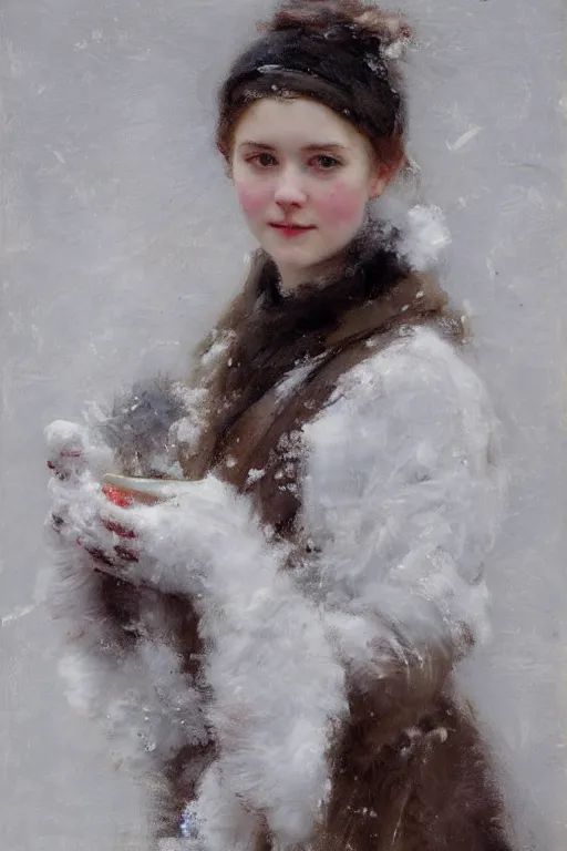 Image similar to Richard Schmid and Jeremy Lipking full length portrait painting of a young beautiful edwardian girl hold a victorian fur handwarmer standing in the snow