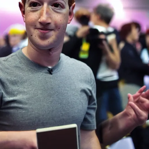 Prompt: mark zuckerberg cosplaying as mark zuckerberg, anime convention
