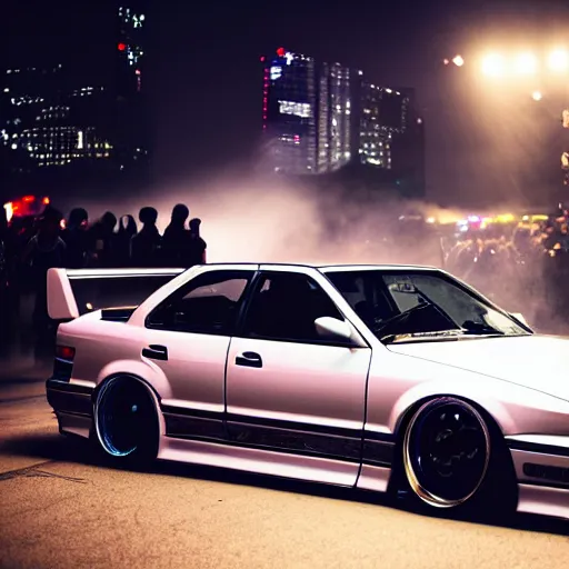 Image similar to a car JZX100 turbo drift at illegal car meet, Shibuya prefecture, midnight mist lights, cinematic color, photorealistic, highly detailed wheels, highly detailed