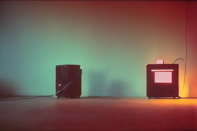 Image similar to backlit photograph of black box pouring energy into suburban room, crisp focus, 3 5 mm ektachrome