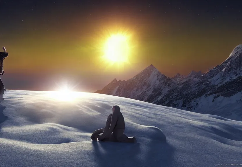 Prompt: fully photorealistic eclipse at sunrise on snowy aurora mountaintop, distant glowing figures, masterpiece composition, art by john collier, albert aublet, artem demura, alphonse mucha, sharper luminescent focus, nd 6, hdr, movie still, cinematic diffuse lighting, artstation, textless, sharp focus