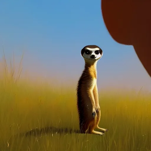 Image similar to goro fujita ilustration a meerkat in profile looking over the meadow, on a sunny day by goro fujita, painting by goro fujita, sharp focus, highly detailed, artstation