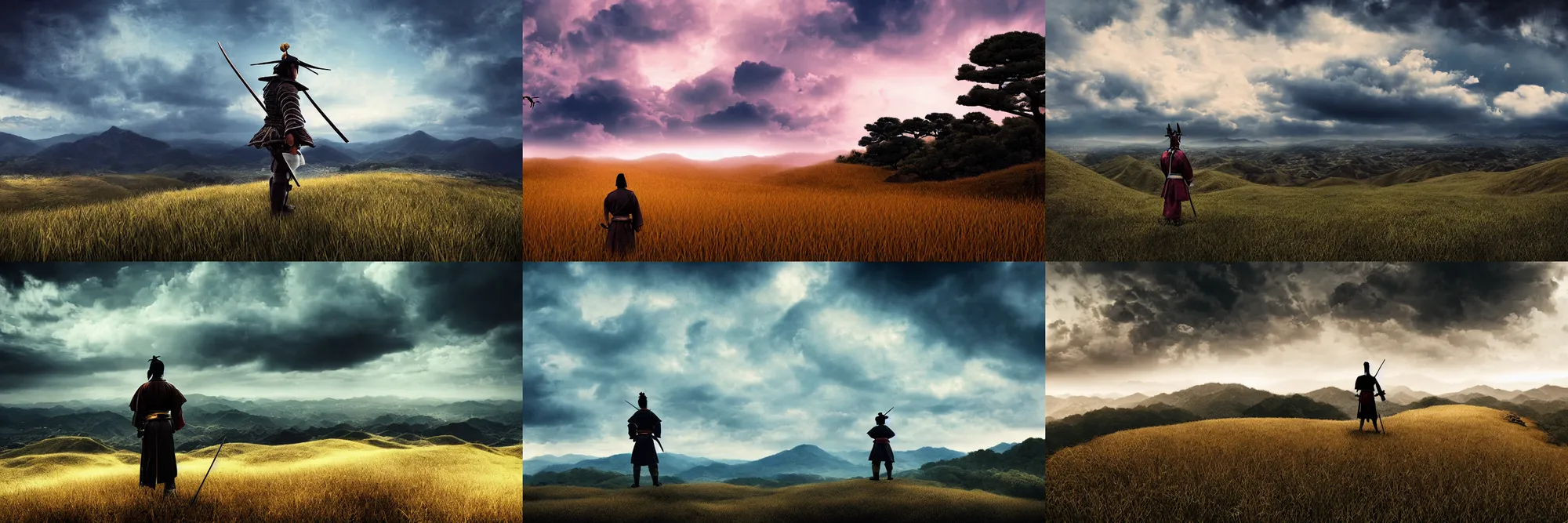 Prompt: A samurai standing on a Hill gazing at dramatic japanese Fields, dramatic sky, cinematic shot, cinematic angle, highly detailed art, digital art, 8k