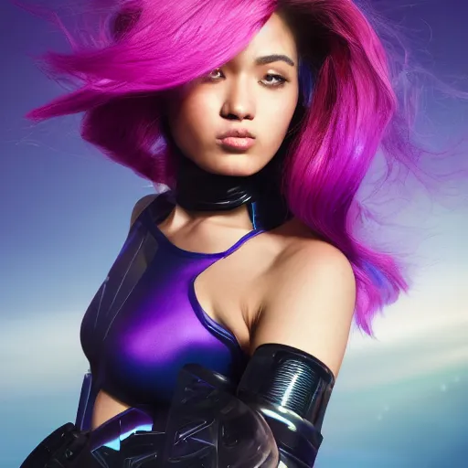 Image similar to a stunning high shutter speed action upper body portrait of a beautiful woman with a ombre purple pink hairstyle with head in motion and hair flying while wearing futuristic navy blue and teal battle bodyarmor and pauldrons by marvel comics, outrun, vaporware, action photography, highly detailed, fine detail, intricate, digital art, trending on artstation