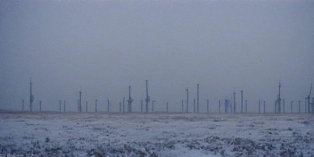Prompt: photo of mongolian steppe during a snowstorm. three oil derricks in midground. cold color temperature. blue hour morning light, snow storm. hazy atmosphere. humidity haze. kodak ektachrome, greenish expired film, award winning, low contrast.