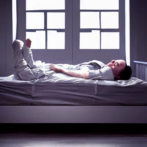 Image similar to A mathematician sleeping in his bed finds the source of his ideas in a dream, award-winning, 8k, 35mm