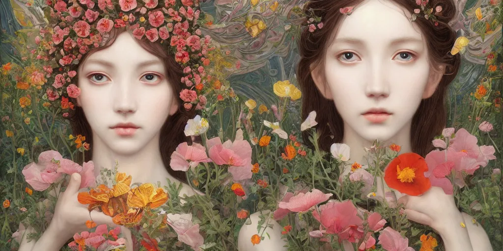 Image similar to breathtaking detailed concept art painting of the goddess of poppy flower, orthodox saint, with anxious, piercing eyes, ornate background, amalgamation of leaves and flowers, by hsiao - ron cheng and john james audubon and miho hirano, extremely moody lighting, 8 k