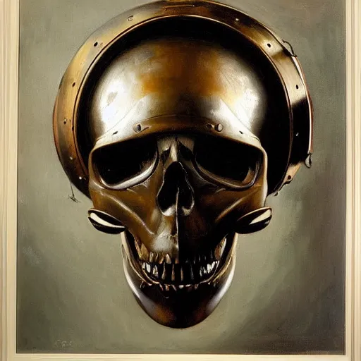 Image similar to portrait of deep sea diver helmet, detailed skull face, detailed painting, epic lighting, by ilya repin, phil hale and kent williams