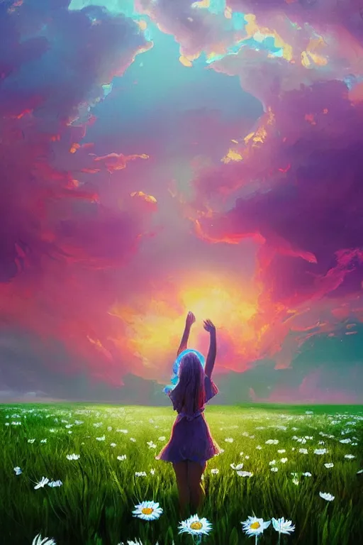 Image similar to veil of giant white daisy flower as head, girl dancing in a flower field, surreal photography, sunrise, dramatic light, impressionist painting, colorful clouds, digital painting, artstation, simon stalenhag