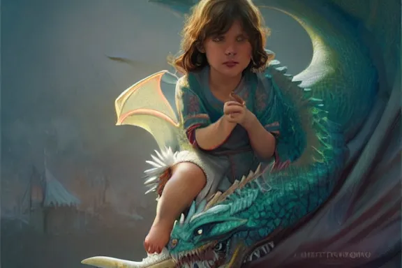 Image similar to little girl in pajamas riding a dragon, realistic portrait, highly detailed, digital painting, artstation, concept art, smooth, sharp focus, illustration, cinematic lighting, art by artgerm and greg rutkowski and alphonse mucha