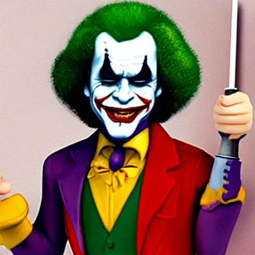 Image similar to bob Ross as the joker smiling while winking as he is getting done from Harley Quinn