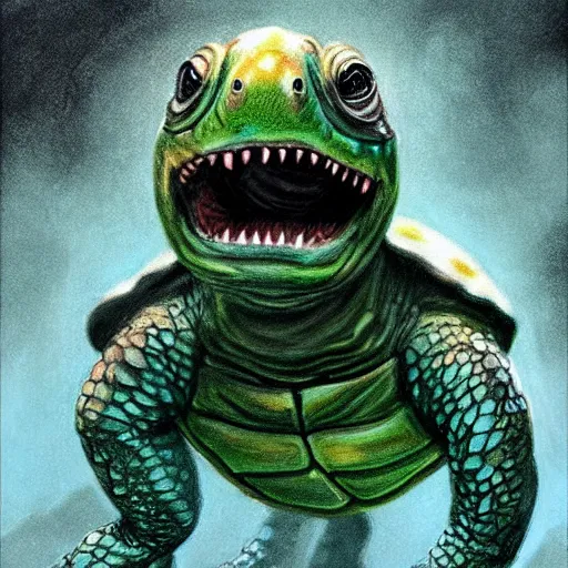 Image similar to a turtle monster ,chalk digital art, fantasy, magic, trending on artstation, ultra detailed, professional illustration by Basil Gogos