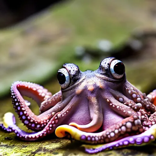 Prompt: octopus toad sitting on mushroom