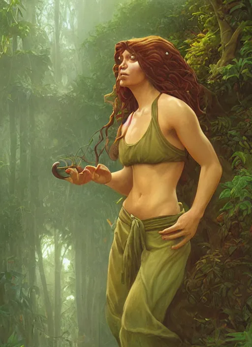 Prompt: a female herbalist in the jungle, art by christophe vacher