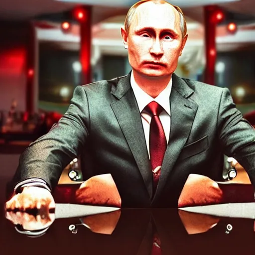 Prompt: a selfie of person looking like vladimir putin sitting on bar, hand on table, rolex watches, taken in night club, blur background, style like real photo