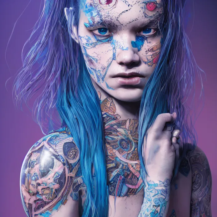 Image similar to portrait of alternative model with tattoos and blue hair. intricate abstract. intricate artwork. by Tooth Wu, wlop, beeple, dan mumford. octane render, trending on artstation, greg rutkowski very coherent symmetrical artwork. cinematic, hyper realism, high detail, octane render, 8k, iridescent accents