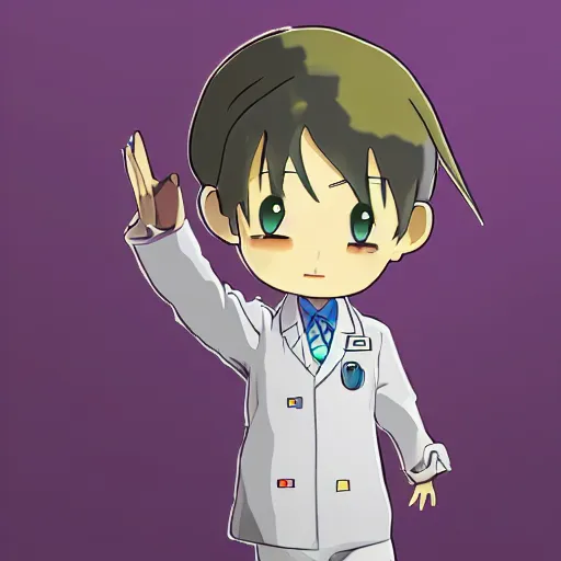 Image similar to cute little boy wearing an doctor suit, purple color palette, inspired in made in abyss and hirohiko araki, ray tracing, featured in pixiv