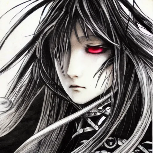 Image similar to Yoshitaka Amano realistic illustration of an anime girl with black eyes, wavy white hair fluttering in the wind and cracks on her face wearing Elden ring armour with engraving, abstract black and white patterns on the background, noisy film grain effect, highly detailed, Renaissance oil painting, weird portrait angle, blurred lost edges, three quarter view