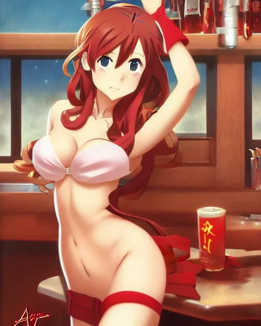 Prompt: pinup photo of asuna from sao in the crowded pub, hot asuna by a - 1 pictures, gil elvgren, james jean, enoch bolles, glossy skin, pearlescent, anime, very coherent, sao style anime, flat