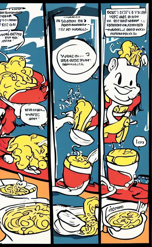 Prompt: A white elephant eats instant noodles, comic style.