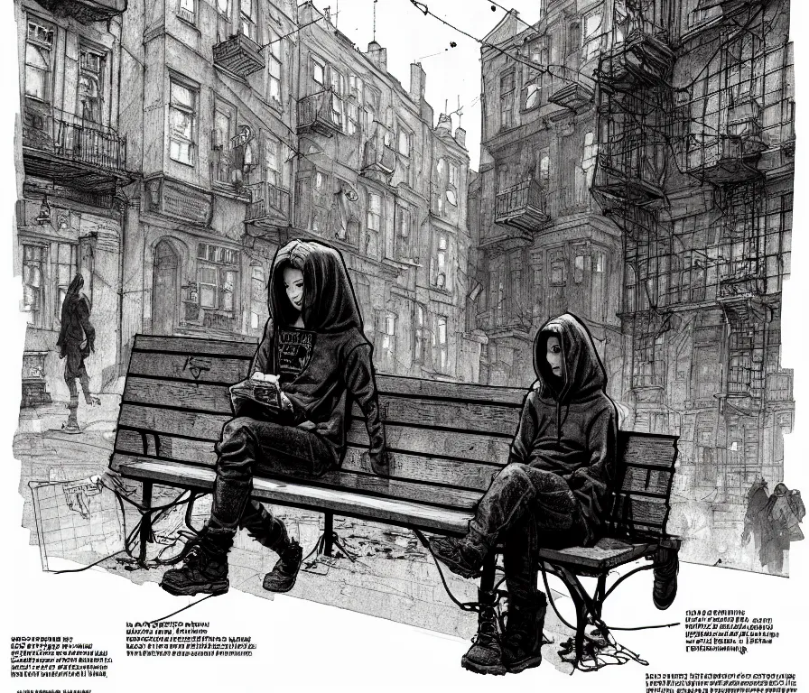 Image similar to sadie sink in hoodie sits on bench in ruined square, pedestrians walk by, steampunk tenements : storyboard, scifi cyberpunk. by gabriel hardman. cinematic atmosphere, detailed and intricate, perfect anatomy