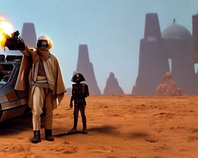 Image similar to doc brown and the delorean encounter the jawas on tatooine