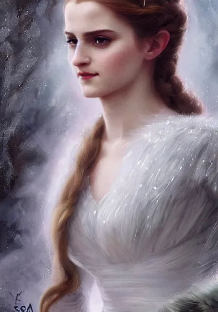 Image similar to sansa emma watson snow queen in ice dress, intricate, elegant, highly detailed, digital painting, artstation, concept art, smooth, sharp focus, illustration, art by artgerm and greg rutkowski and alphonse mucha and william - adolphe bouguereau